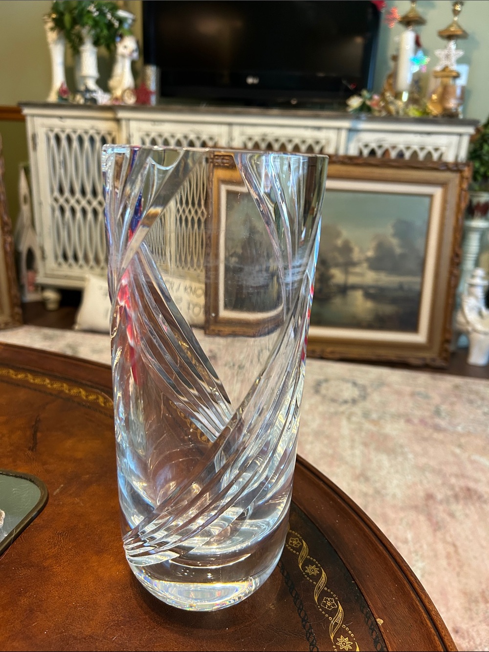 HOYA Japan Heavy 6.4lb Lead Crystal Vase 9.75" Tall Cut Swirl Design Clear Glass